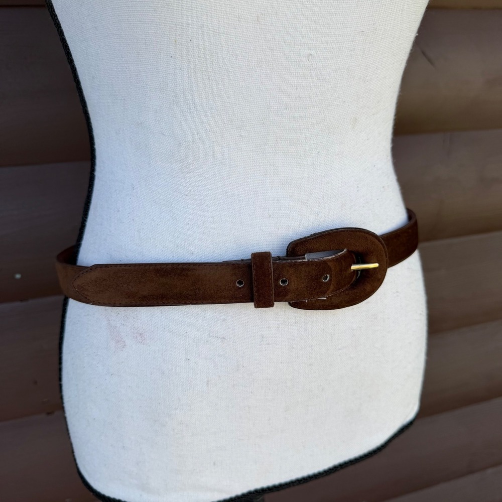 Pig Suede Leather Belt Womens Large Dark Brown Gold Buckle Classic Boho Western - Picture 3 of 15